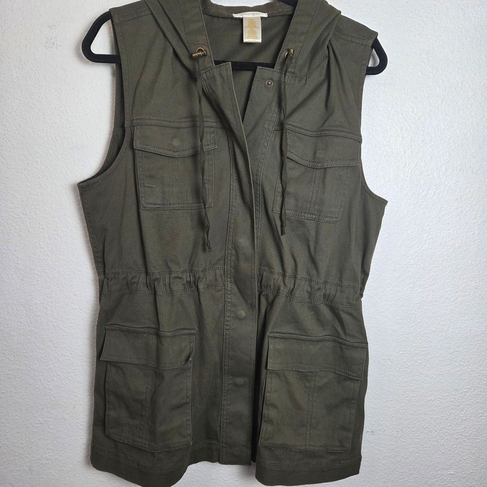 Matty M Utility Vest Hooded Sleeveless Cargo‎ Pockets Drawstring Waist S - Picture 2 of 6